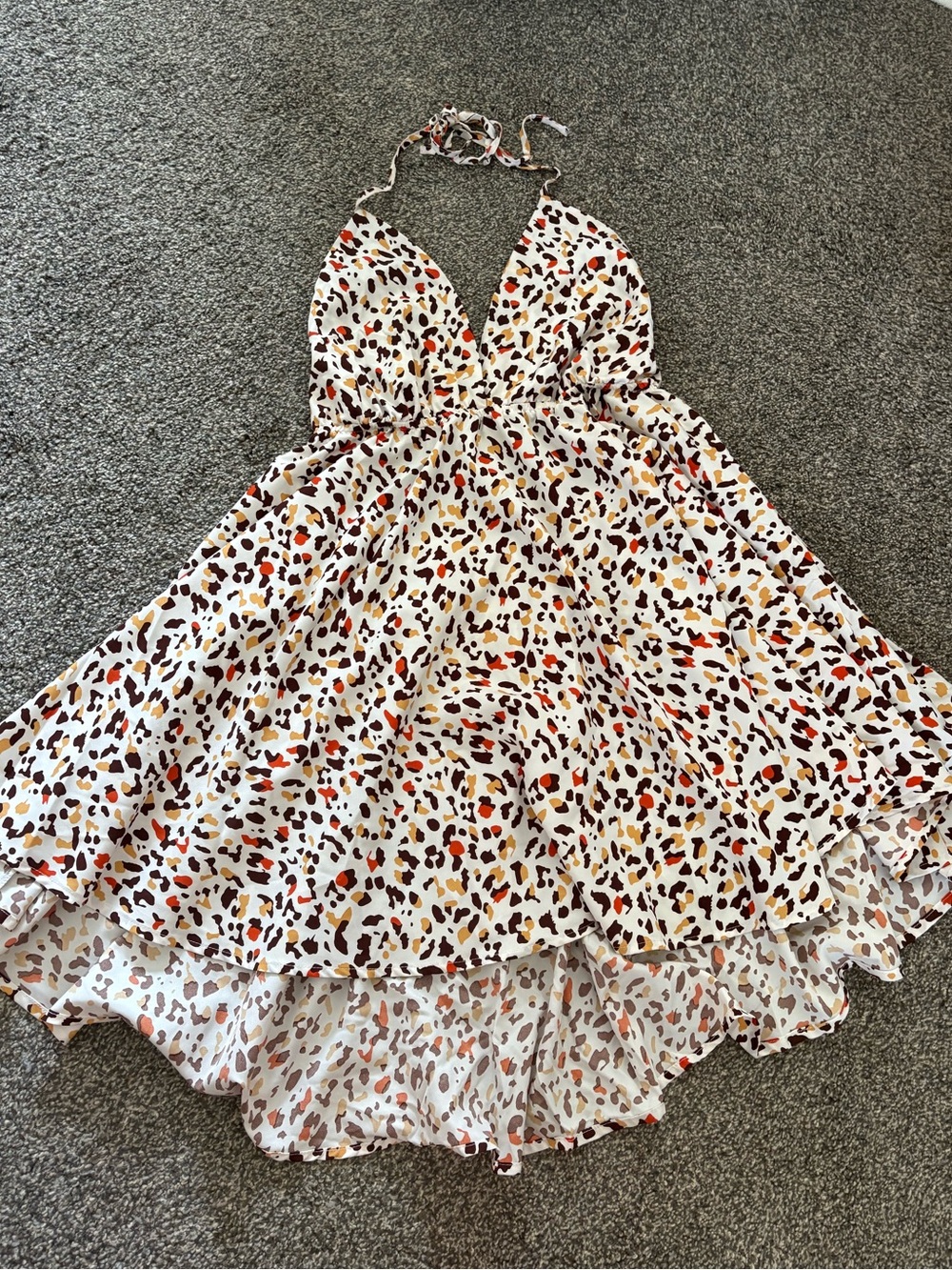 White Halter Dress with Multicolor Leopard Spots